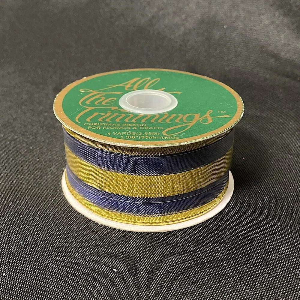 ⭐️ Vintage All The Trimmings Dark Blue And Gold Striped Craft Ribbon 1.5” x 144”